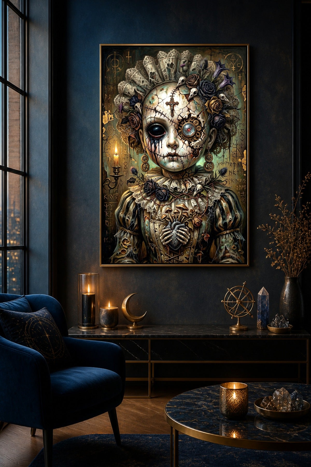 Digitales Gothic Doll Poster mit Haunted Doll, Zahnrädern im Gesicht, rissiger Porzellanstruktur, dunklen Blüten und okkulten Symbolen.