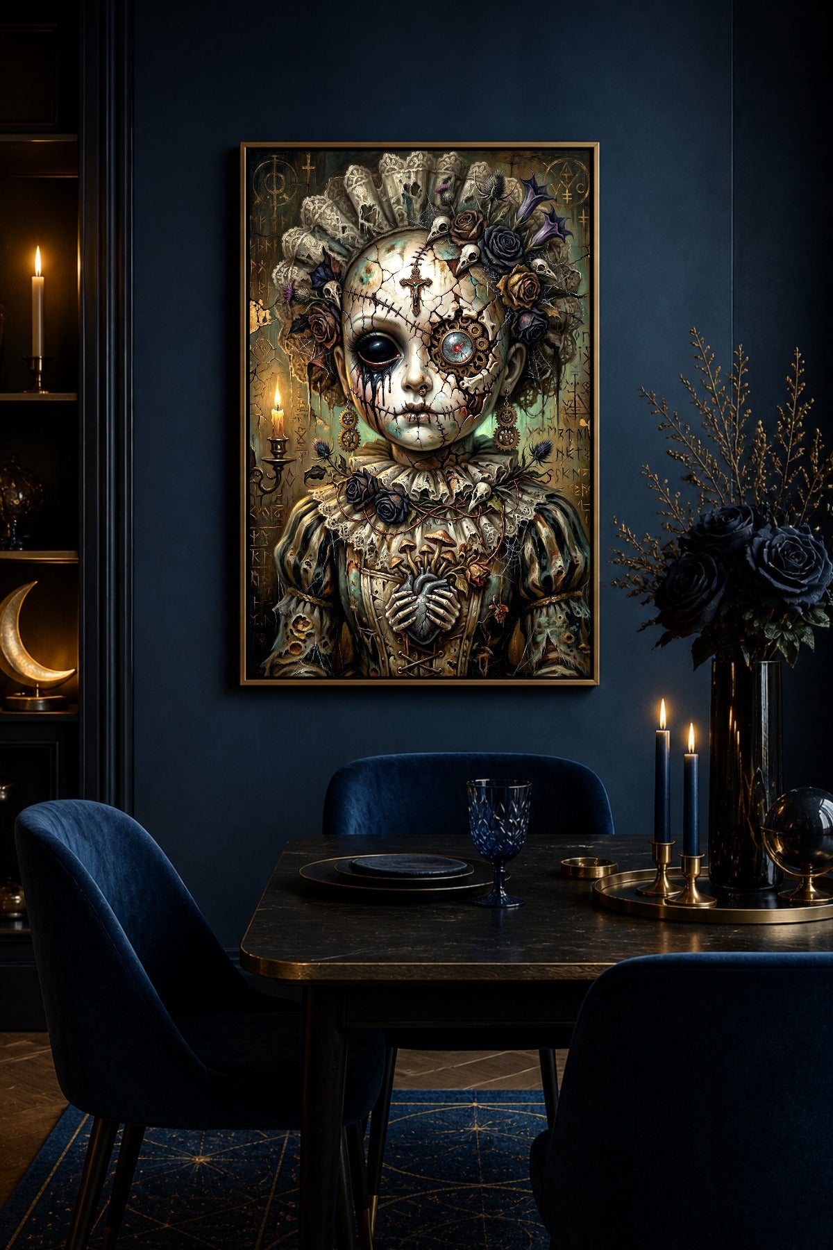 Steampunk Gothic Art Print mit gruseliger Porzellanpuppe, mechanischem Herz, Zahnrädern, Rosen, Kerze und morbider Symbolik.