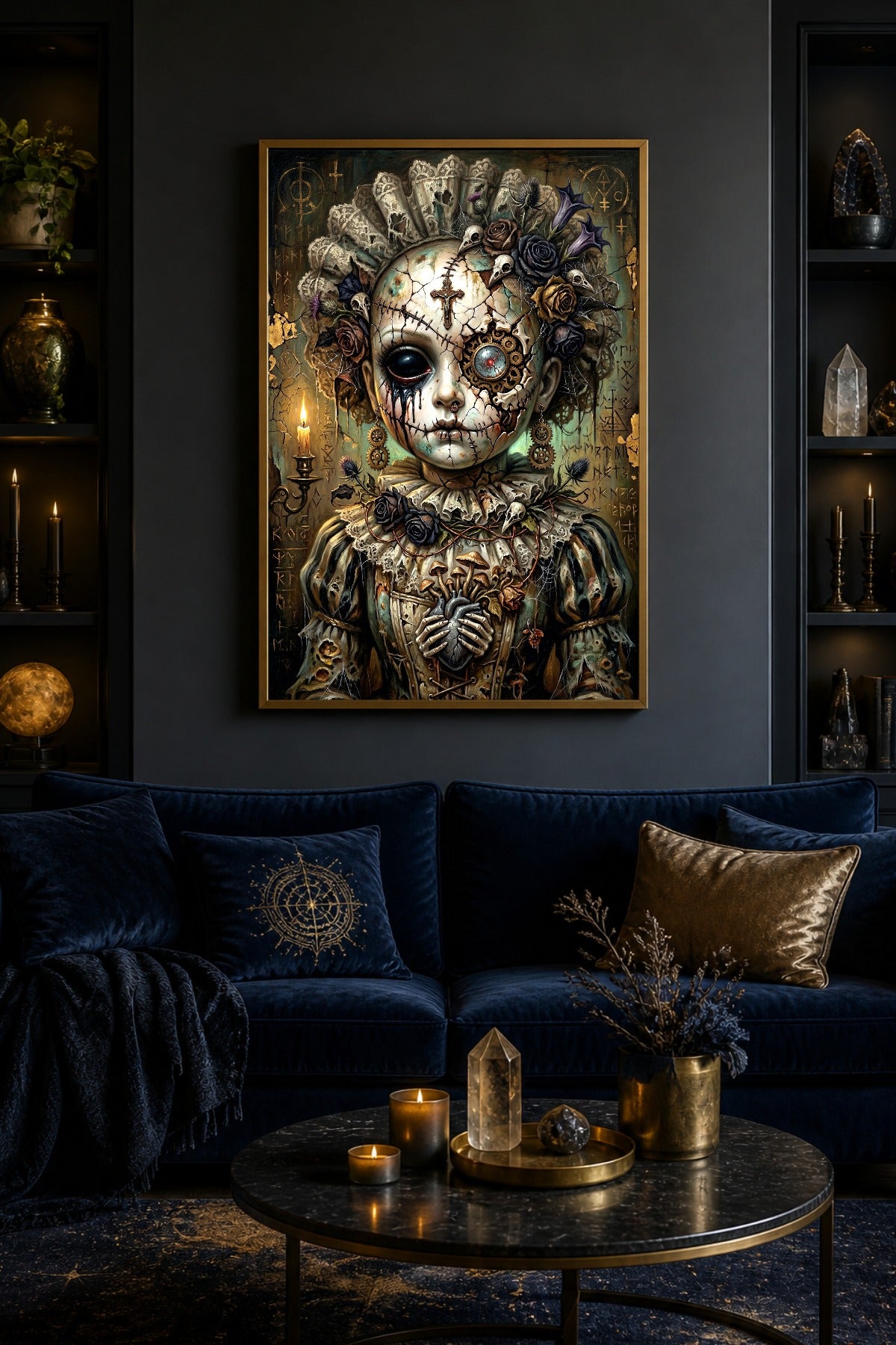 Digitaler Creepy Cute Print mit Haunted Doll, rissigem Gesicht, Steampunk-Zahnrädern, Rosen, Kerzenlicht und dunklem Gothic-Hintergrund.