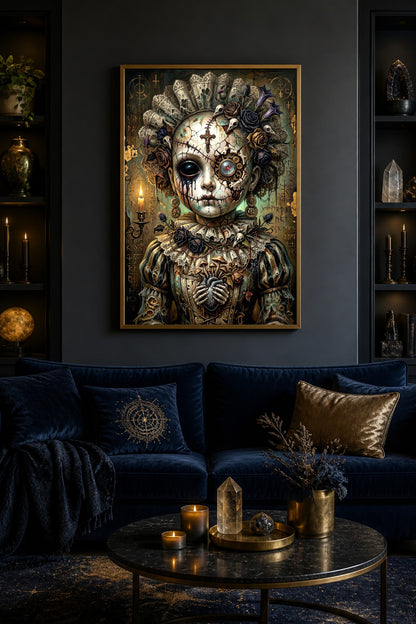 Digitaler Creepy Cute Print mit Haunted Doll, rissigem Gesicht, Steampunk-Zahnrädern, Rosen, Kerzenlicht und dunklem Gothic-Hintergrund.