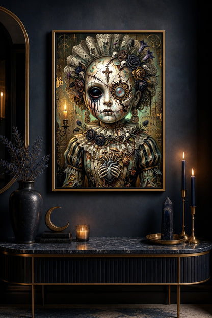 Digitaler Steampunk Art Print mit Haunted Doll, rissigem Porzellangesicht, sichtbaren Zahnrädern, dunklen Rosen, Kerzenlicht und Gothic-Symbolen.