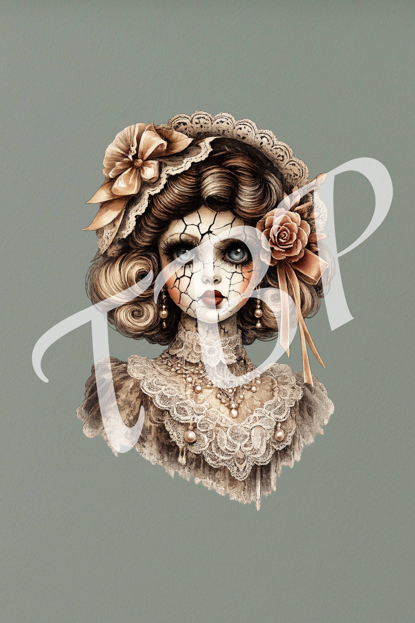 Vorschau des Haunted Dolls Clipart Sets mit einem von 14 Vintage Porzellanpuppen-Portraits als PNG-Grafiken mit transparentem Hintergrund