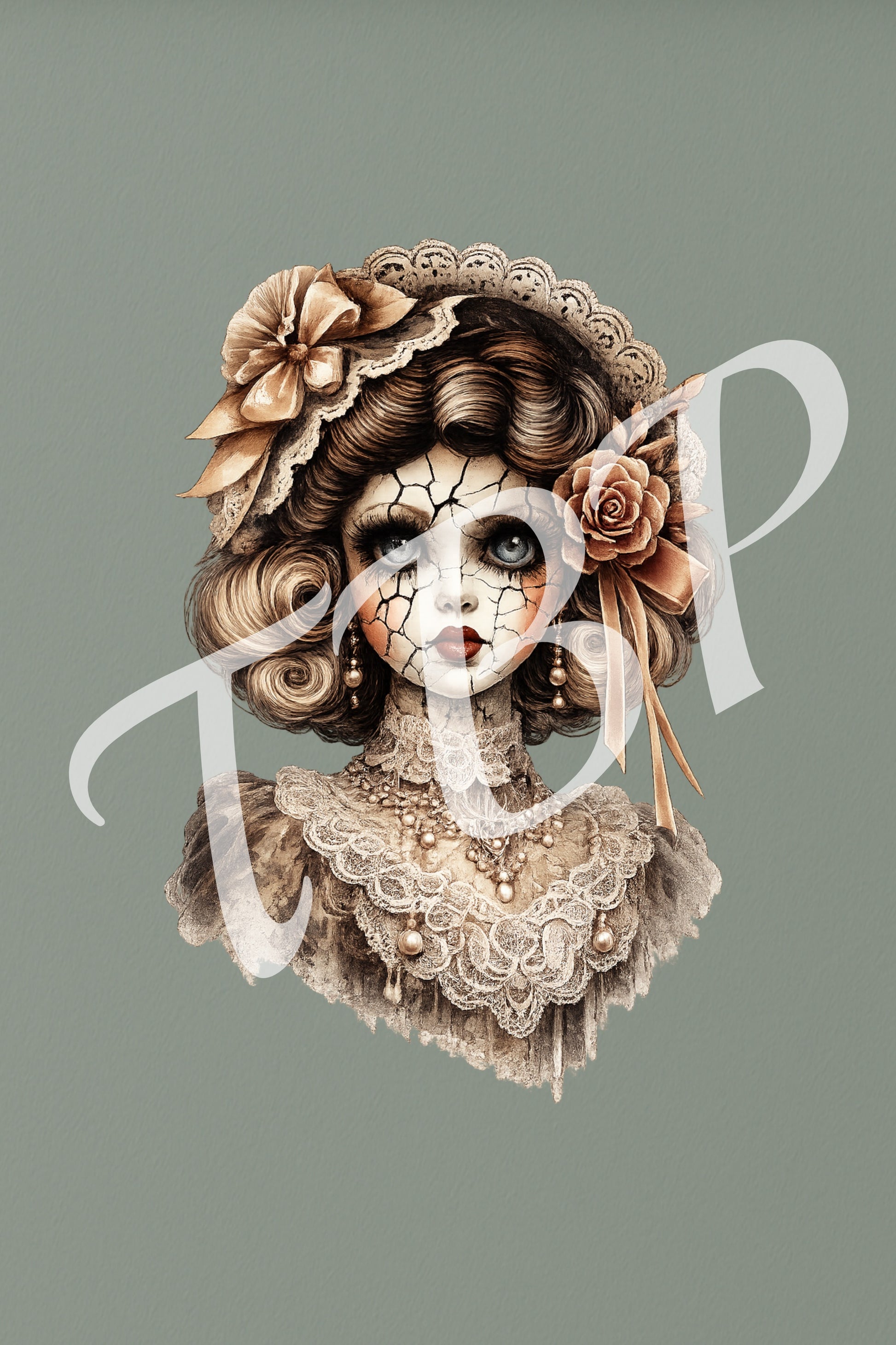 Vorschau des Haunted Dolls Clipart Sets mit einem von 14 Vintage Porzellanpuppen-Portraits als PNG-Grafiken mit transparentem Hintergrund