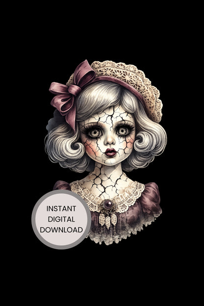Haunted Doll Clipart – rissige Vintage-Porzellanpuppe mit großer bordeauxfarbener Schleife, Spitzenhaube und dunklem Kleid als PNG mit transparentem Hintergrund