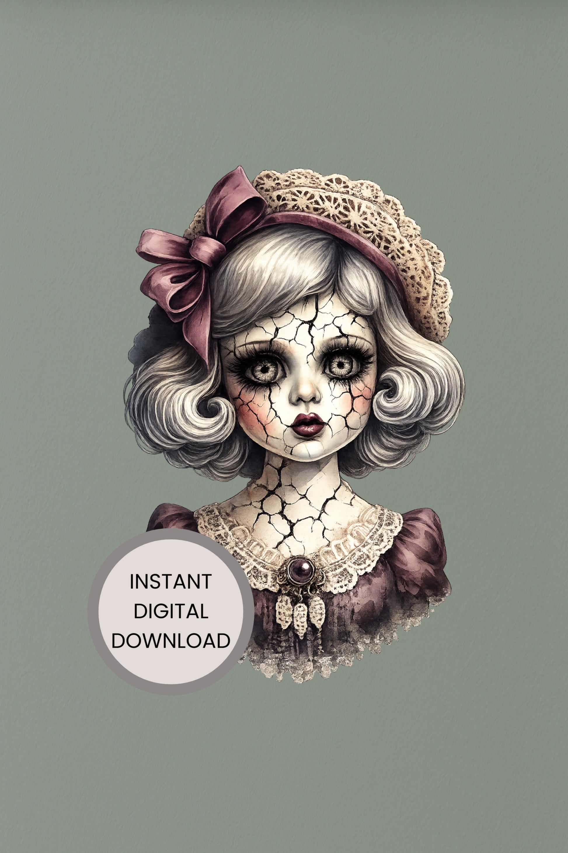 Haunted Doll Clipart – rissige Vintage-Porzellanpuppe mit großer bordeauxfarbener Schleife, Spitzenhaube und dunklem Kleid als PNG mit transparentem Hintergrund