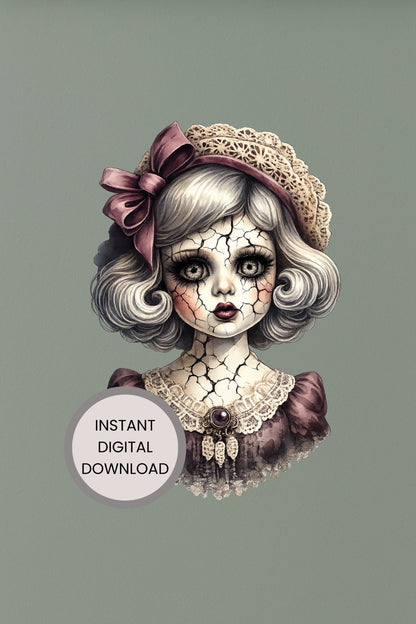 Haunted Doll Clipart – rissige Vintage-Porzellanpuppe mit großer bordeauxfarbener Schleife, Spitzenhaube und dunklem Kleid als PNG mit transparentem Hintergrund