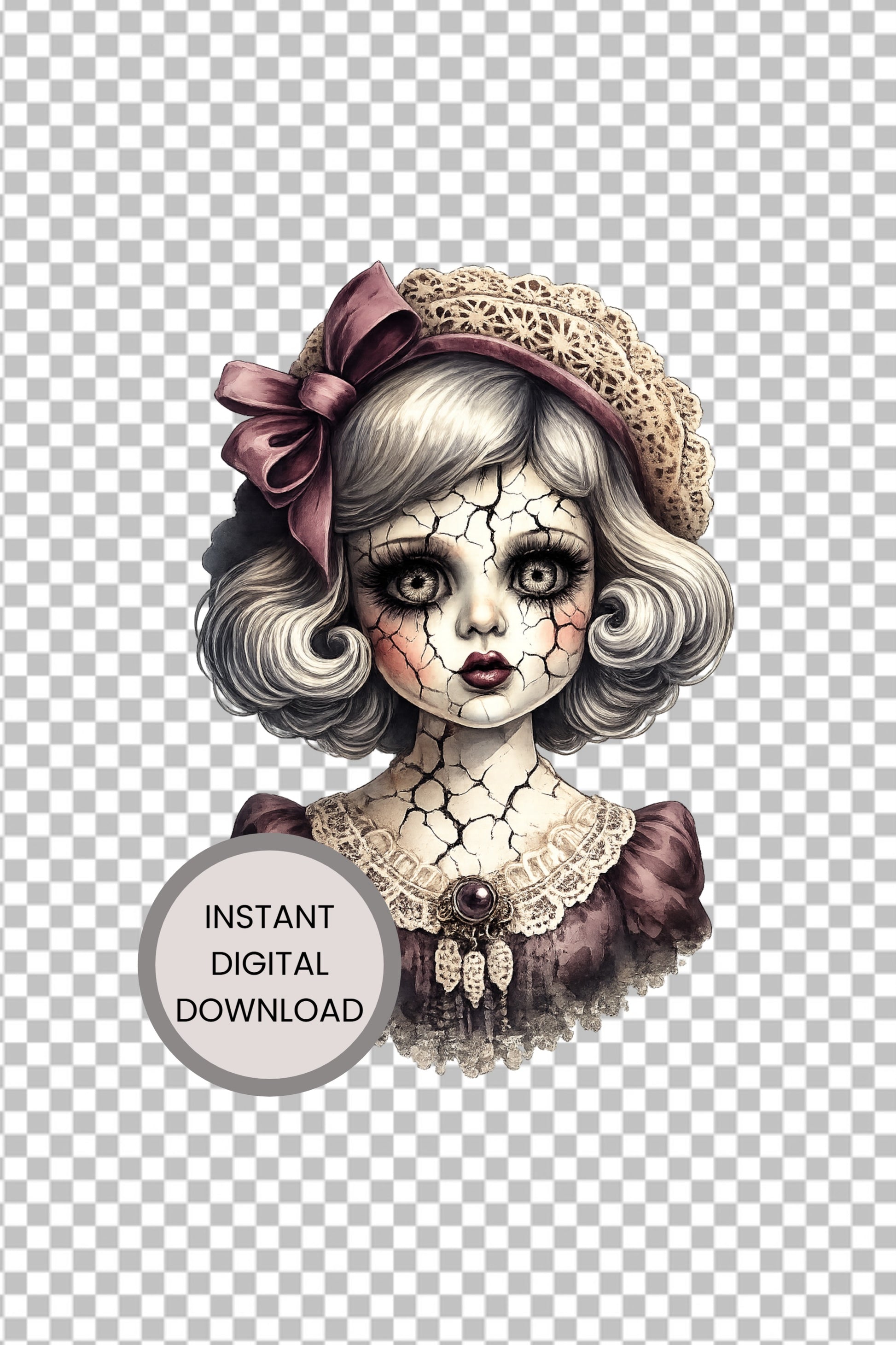 Haunted Doll Clipart – rissige Vintage-Porzellanpuppe mit großer bordeauxfarbener Schleife, Spitzenhaube und dunklem Kleid als PNG mit transparentem Hintergrund