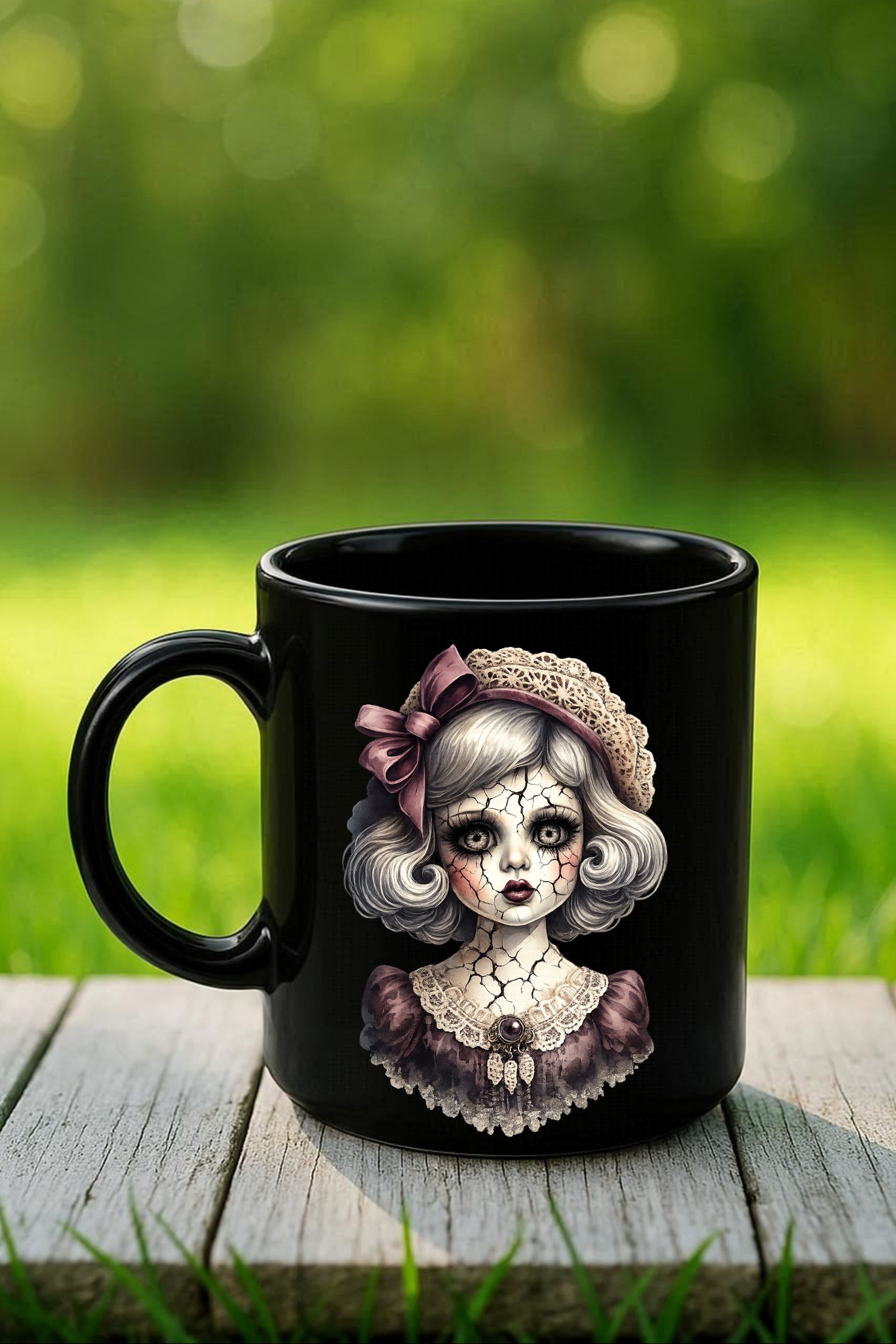 Haunted Doll Clipart – rissige Vintage-Porzellanpuppe mit großer bordeauxfarbener Schleife, Spitzenhaube und dunklem Kleid als PNG mit transparentem Hintergrund