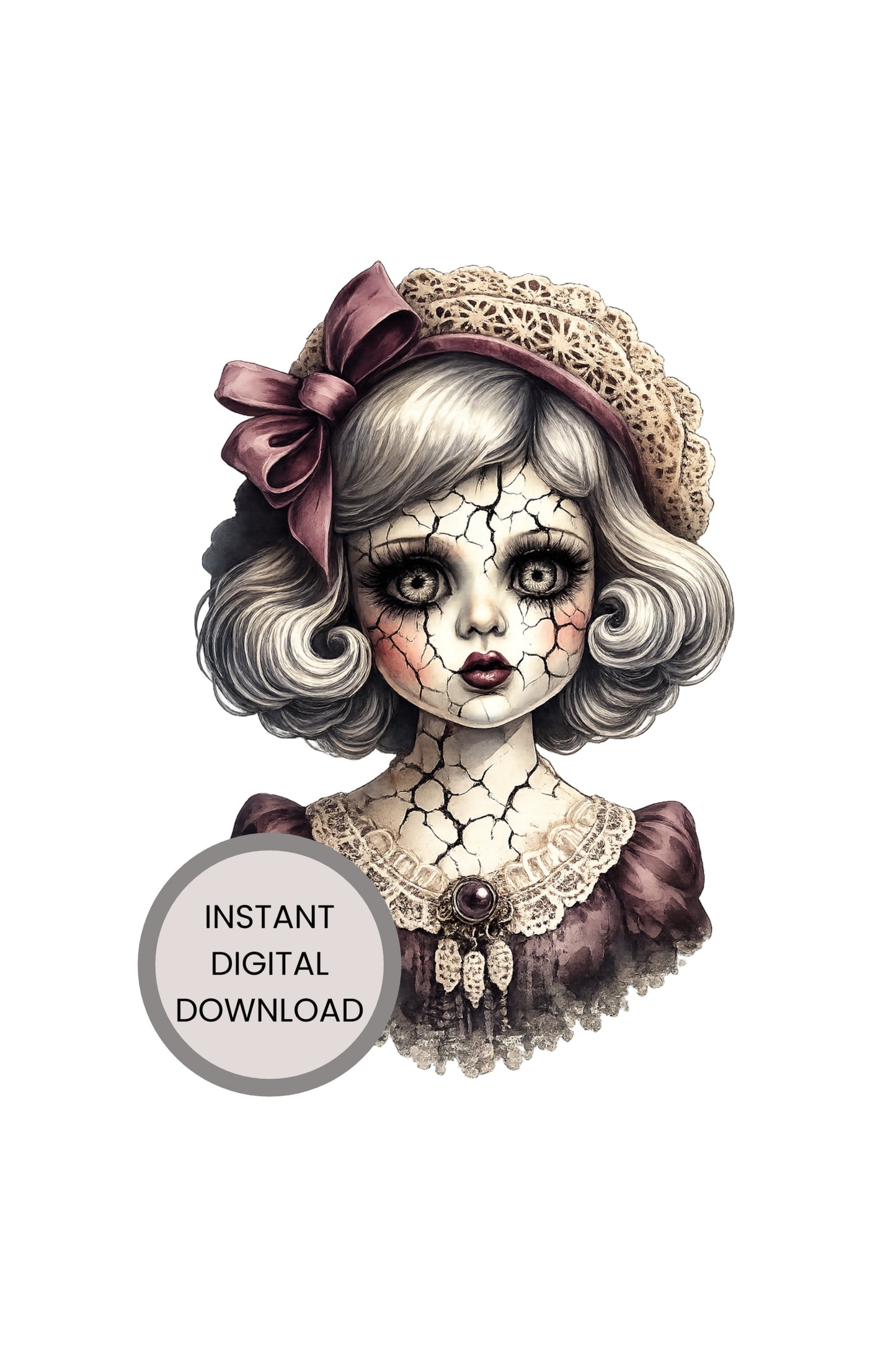 Haunted Doll Clipart – rissige Vintage-Porzellanpuppe mit großer bordeauxfarbener Schleife, Spitzenhaube und dunklem Kleid als PNG mit transparentem Hintergrund