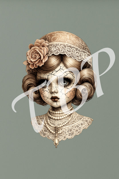 Vorschau des Haunted Dolls Clipart Sets mit einem von 14 Vintage Porzellanpuppen-Portraits als PNG-Grafiken mit transparentem Hintergrund