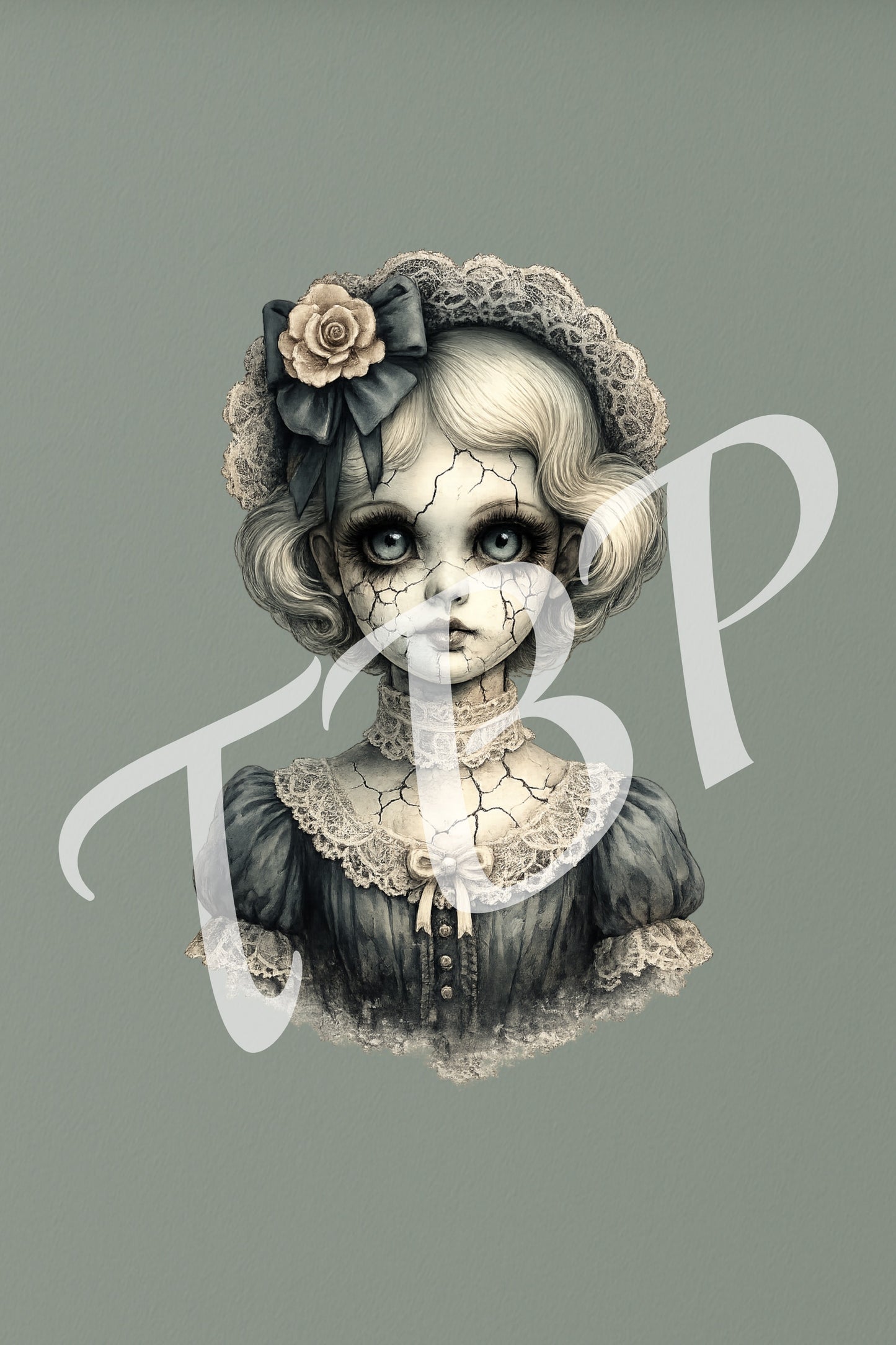 Vorschau des Haunted Dolls Clipart Sets mit einem von 14 Vintage Porzellanpuppen-Portraits als PNG-Grafiken mit transparentem Hintergrund