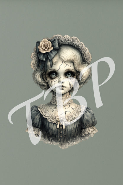 Vorschau des Haunted Dolls Clipart Sets mit einem von 14 Vintage Porzellanpuppen-Portraits als PNG-Grafiken mit transparentem Hintergrund
