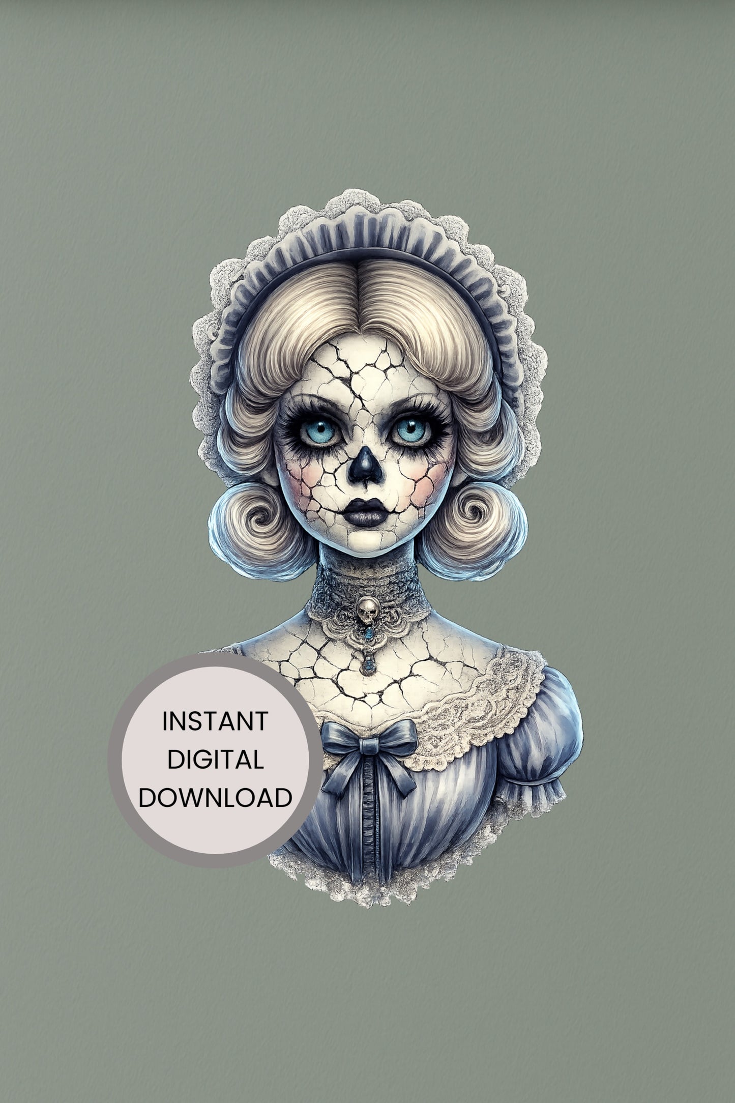 Haunted Skull Doll Clipart – rissige Porzellanpuppe mit eisblauen Augen, Skull-Gesicht, Spitzenhaube und hellblauem Kleid als PNG mit transparentem Hintergrund