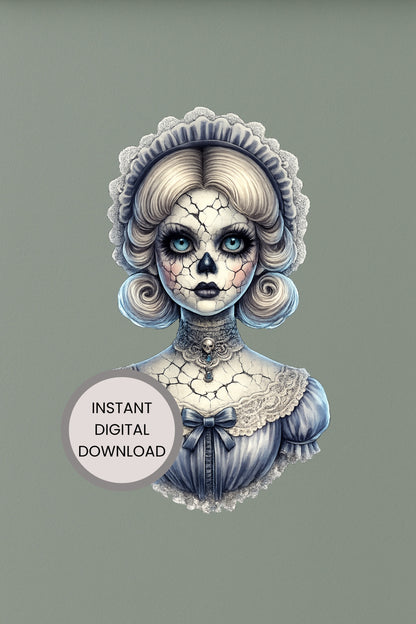 Haunted Skull Doll Clipart – rissige Porzellanpuppe mit eisblauen Augen, Skull-Gesicht, Spitzenhaube und hellblauem Kleid als PNG mit transparentem Hintergrund
