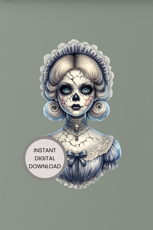 Haunted Skull Doll Clipart – rissige Porzellanpuppe mit eisblauen Augen, Skull-Gesicht, Spitzenhaube und hellblauem Kleid als PNG mit transparentem Hintergrund