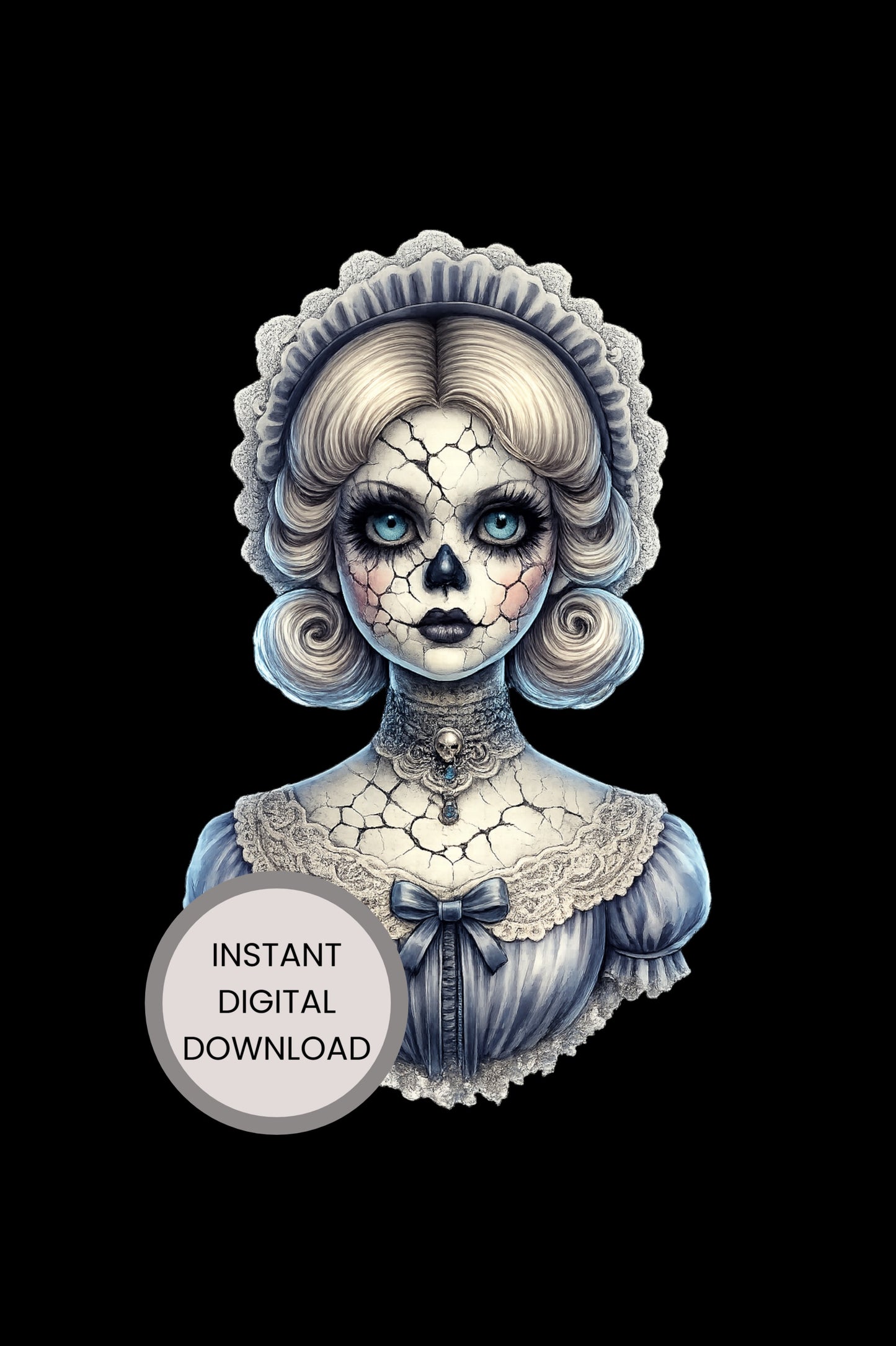 Haunted Skull Doll Clipart – rissige Porzellanpuppe mit eisblauen Augen, Skull-Gesicht, Spitzenhaube und hellblauem Kleid als PNG mit transparentem Hintergrund