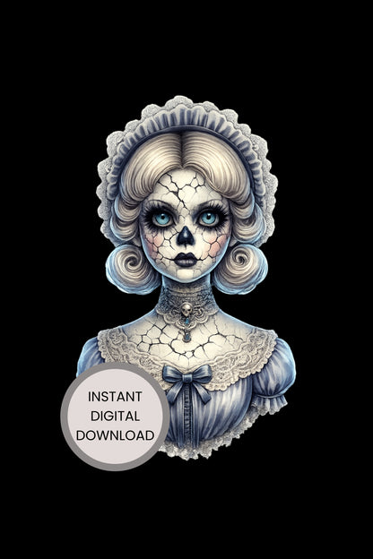 Haunted Skull Doll Clipart – rissige Porzellanpuppe mit eisblauen Augen, Skull-Gesicht, Spitzenhaube und hellblauem Kleid als PNG mit transparentem Hintergrund
