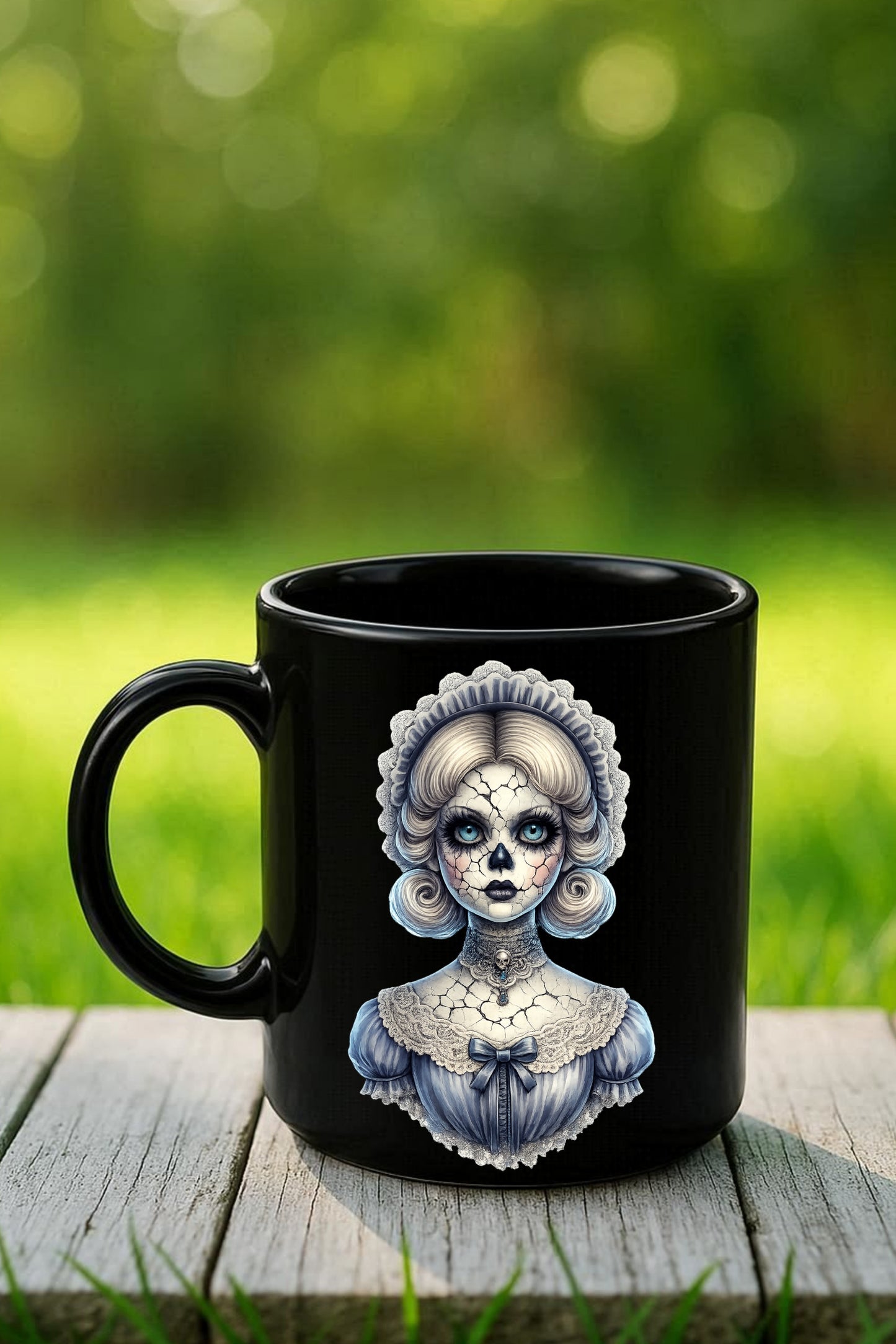 Haunted Skull Doll Clipart – rissige Porzellanpuppe mit eisblauen Augen, Skull-Gesicht, Spitzenhaube und hellblauem Kleid als PNG mit transparentem Hintergrund