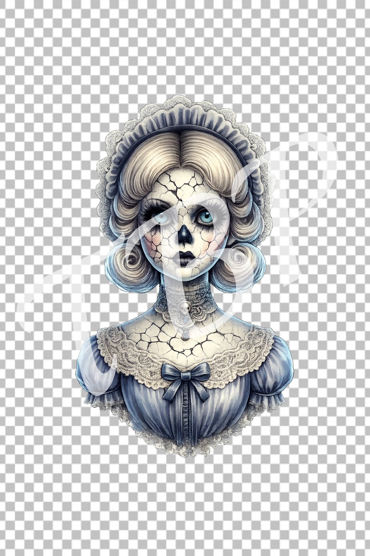 Haunted Skull Doll Clipart – rissige Porzellanpuppe mit eisblauen Augen, Skull-Gesicht, Spitzenhaube und hellblauem Kleid als PNG mit transparentem Hintergrund