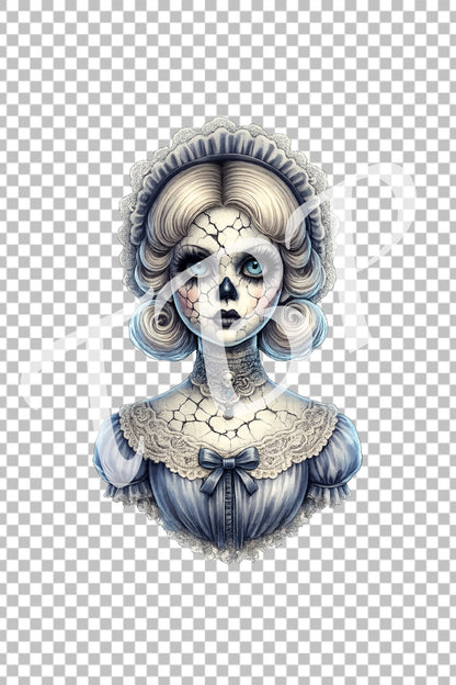 Haunted Skull Doll Clipart – rissige Porzellanpuppe mit eisblauen Augen, Skull-Gesicht, Spitzenhaube und hellblauem Kleid als PNG mit transparentem Hintergrund