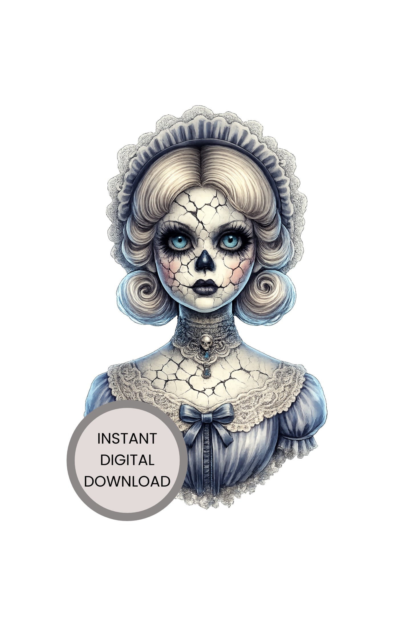 Haunted Skull Doll Clipart – rissige Porzellanpuppe mit eisblauen Augen, Skull-Gesicht, Spitzenhaube und hellblauem Kleid als PNG mit transparentem Hintergrund