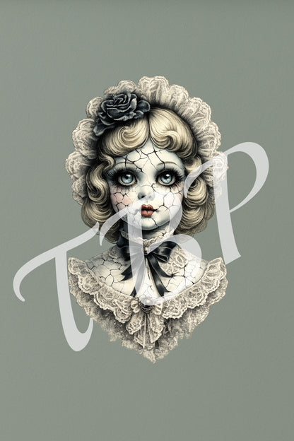Vorschau des Haunted Dolls Clipart Sets mit einem von 14 Vintage Porzellanpuppen-Portraits als PNG-Grafiken mit transparentem Hintergrund