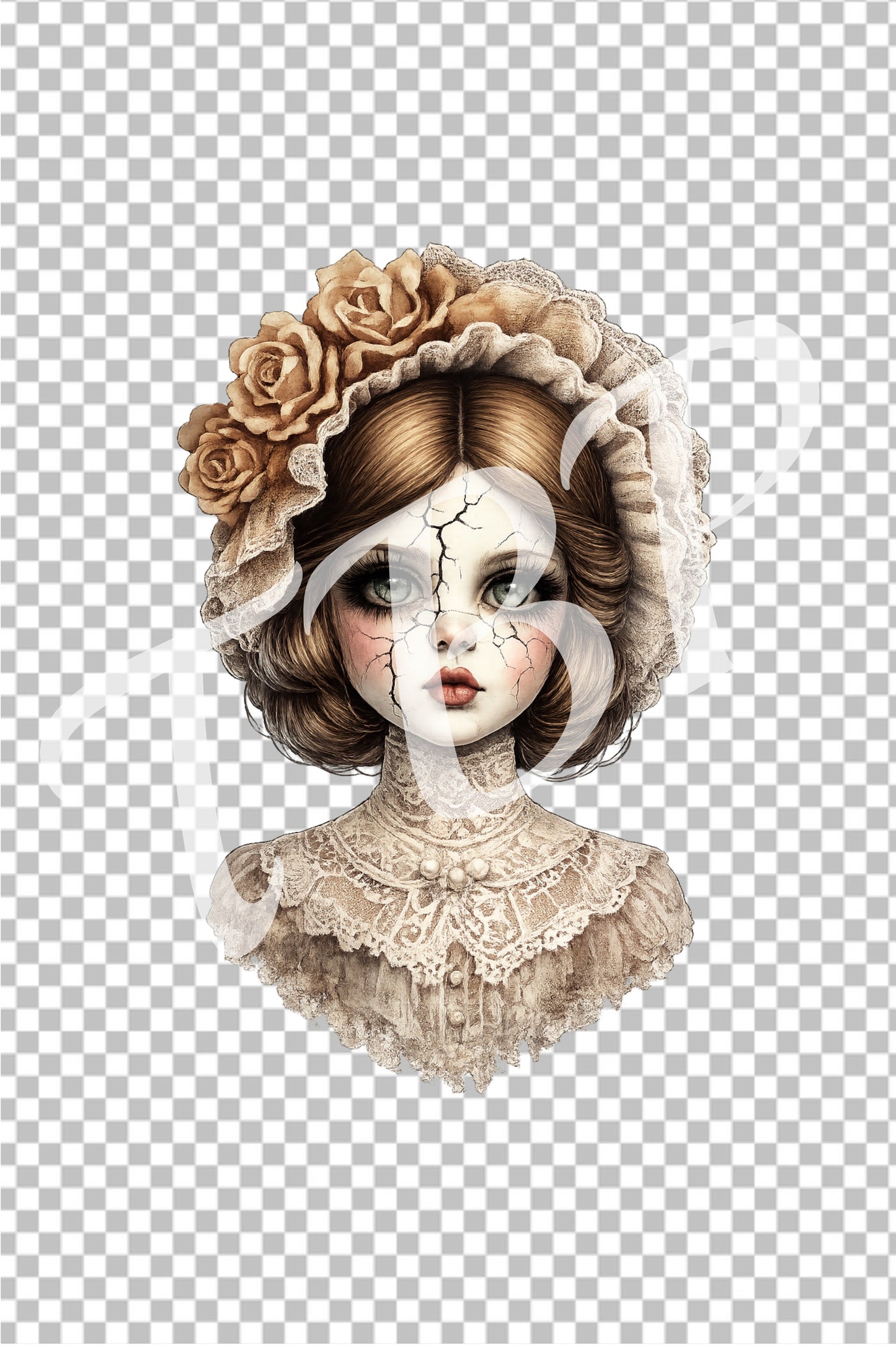 Vorschau des Haunted Dolls Clipart Sets mit einem von 14 Vintage Porzellanpuppen-Portraits als PNG-Grafiken mit transparentem Hintergrund