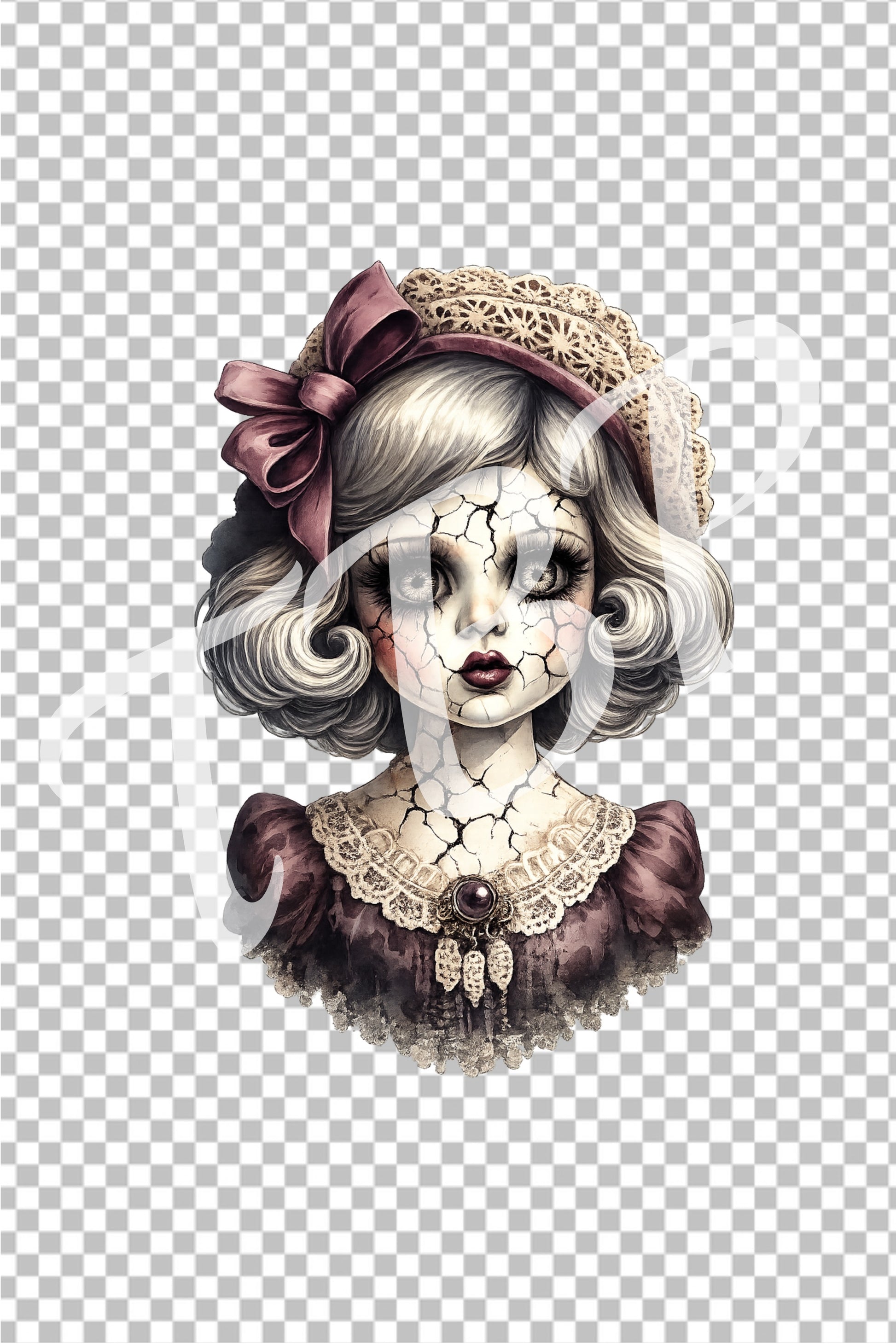 Vorschau des Haunted Dolls Clipart Sets mit einem von 14 Vintage Porzellanpuppen-Portraits als PNG-Grafiken mit transparentem Hintergrund