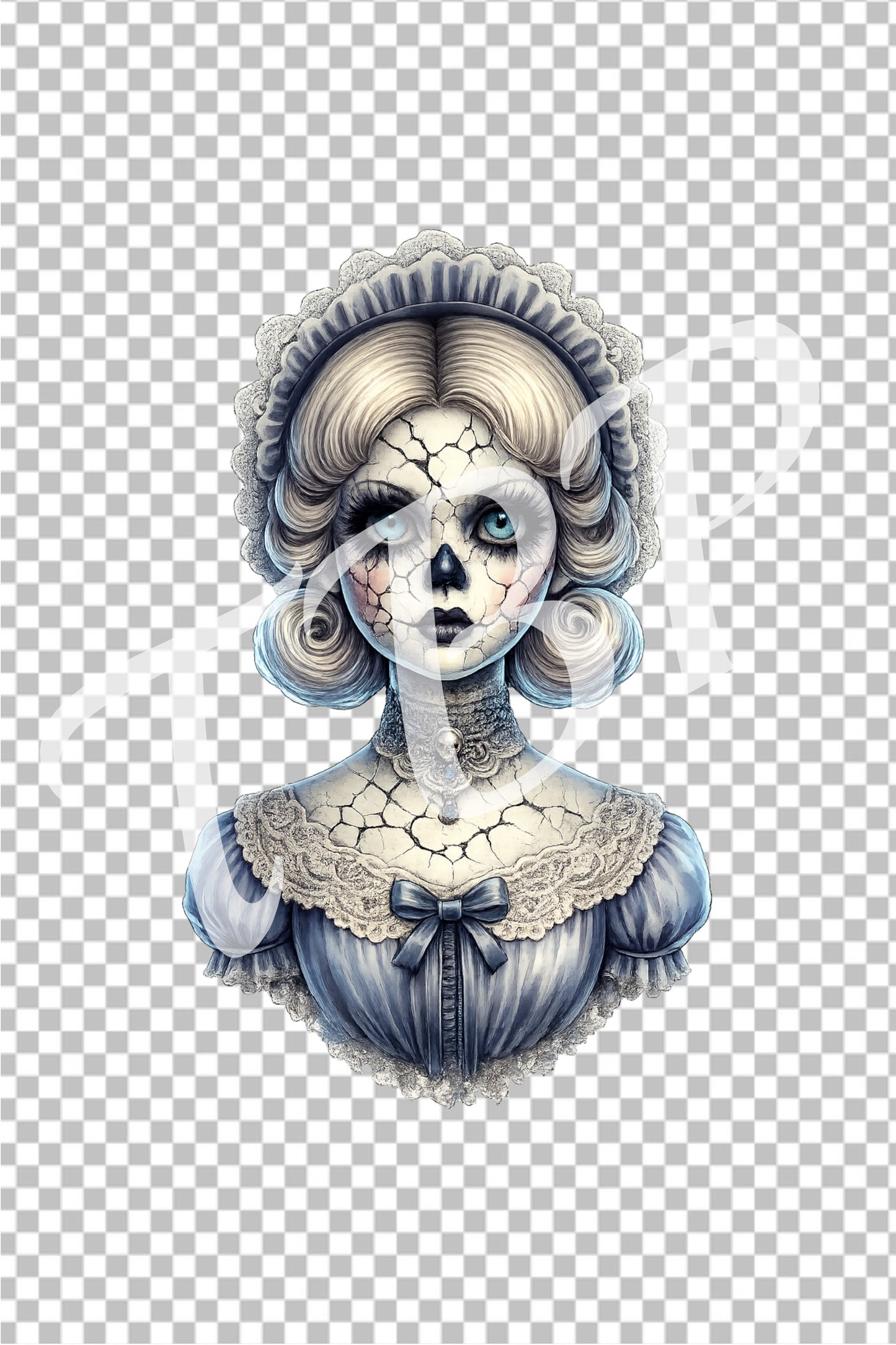 Vorschau des Haunted Dolls Clipart Sets mit einem von 14 Vintage Porzellanpuppen-Portraits als PNG-Grafiken mit transparentem Hintergrund