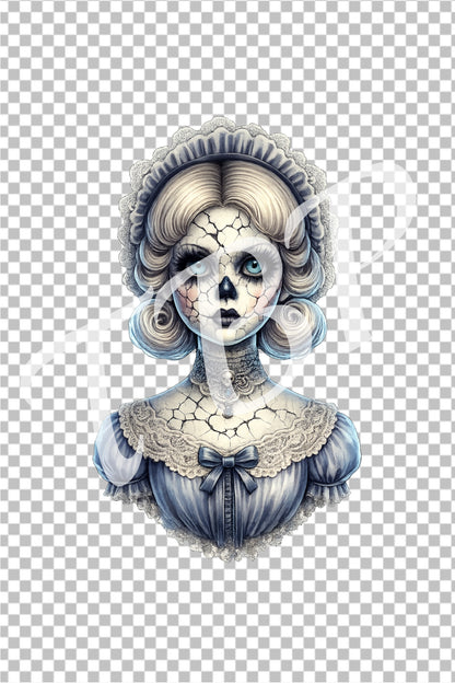 Vorschau des Haunted Dolls Clipart Sets mit einem von 14 Vintage Porzellanpuppen-Portraits als PNG-Grafiken mit transparentem Hintergrund