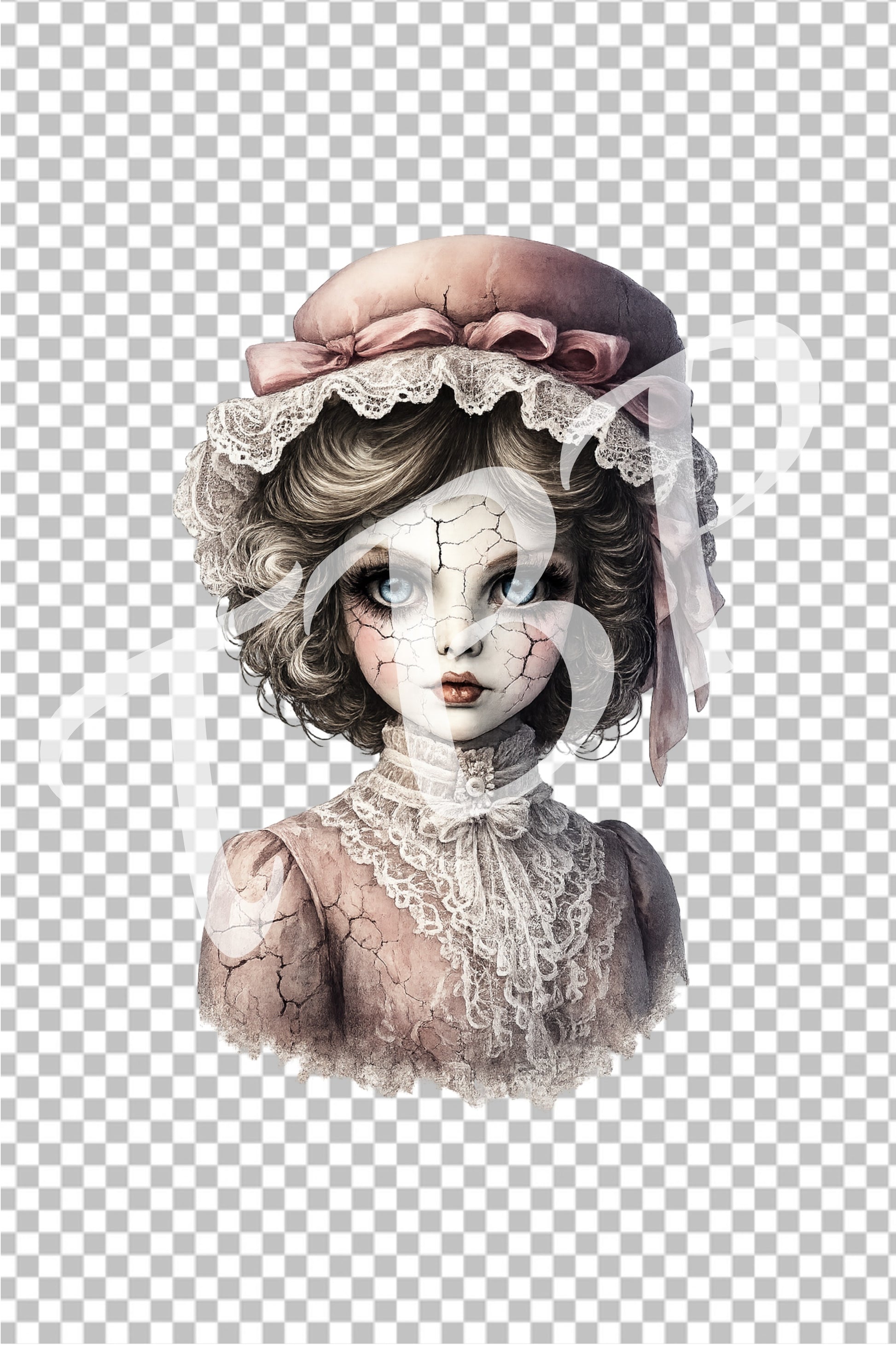 Vorschau des Haunted Dolls Clipart Sets mit einem von 14 Vintage Porzellanpuppen-Portraits als PNG-Grafiken mit transparentem Hintergrund