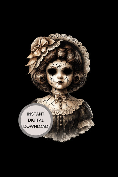 Haunted Doll Clipart – rissige Sepia-Porzellanpuppe mit großer Blüte im Haar, Perlenketten und Spitzenkleid als PNG mit transparentem Hintergrund