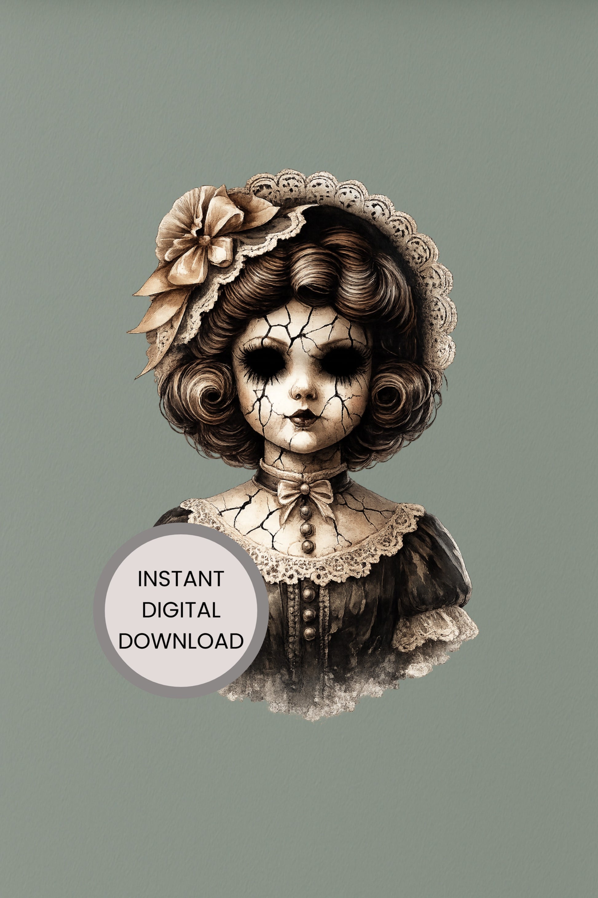 Haunted Doll Clipart – rissige Sepia-Porzellanpuppe mit großer Blüte im Haar, Perlenketten und Spitzenkleid als PNG mit transparentem Hintergrund