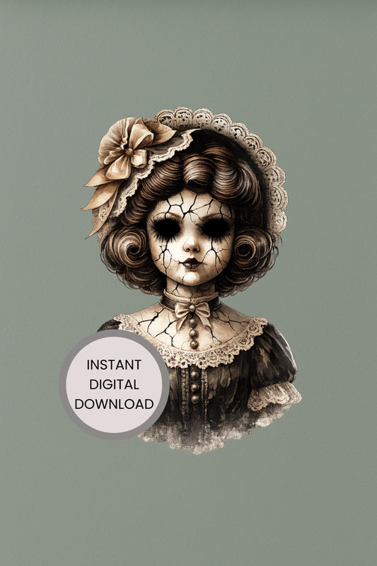 Haunted Doll Clipart – rissige Sepia-Porzellanpuppe mit großer Blüte im Haar, Perlenketten und Spitzenkleid als PNG mit transparentem Hintergrund