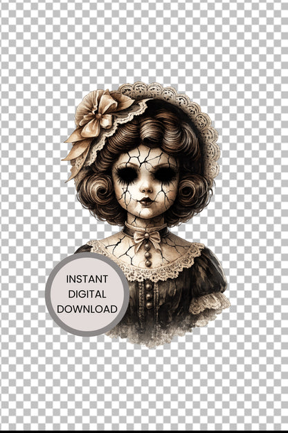 Haunted Doll Clipart – rissige Sepia-Porzellanpuppe mit großer Blüte im Haar, Perlenketten und Spitzenkleid als PNG mit transparentem Hintergrund