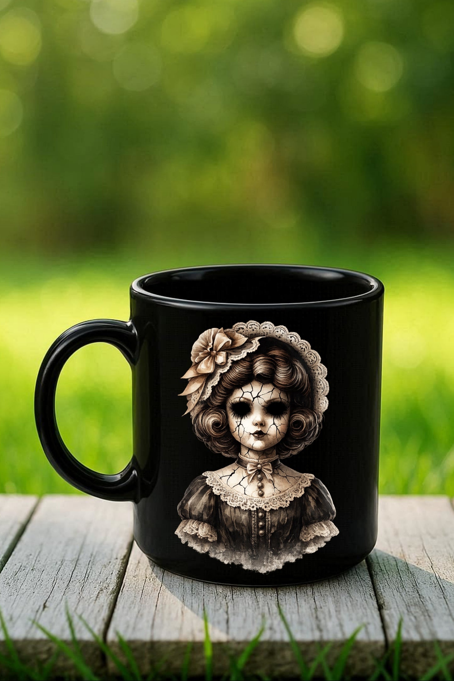 Haunted Doll Clipart – rissige Sepia-Porzellanpuppe mit großer Blüte im Haar, Perlenketten und Spitzenkleid als PNG mit transparentem Hintergrund