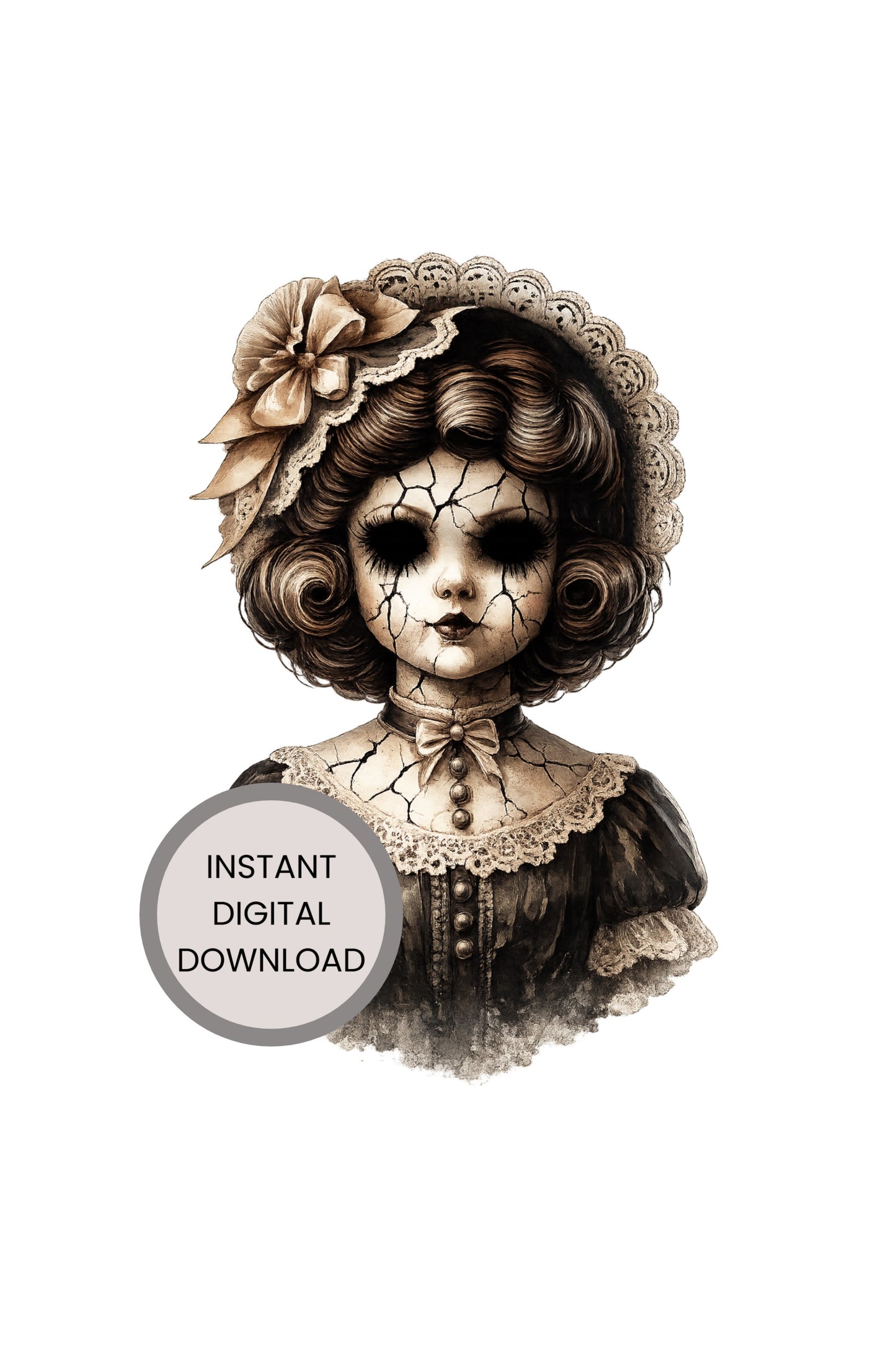 Haunted Doll Clipart – rissige Sepia-Porzellanpuppe mit großer Blüte im Haar, Perlenketten und Spitzenkleid als PNG mit transparentem Hintergrund
