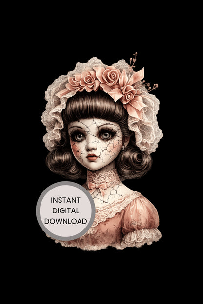 Haunted Doll Clipart – rissige Porzellanpuppe mit großer Korallen-Blütenkrone, Spitzenhaube und korallenfarbenem Kleid als PNG mit transparentem Hintergrund