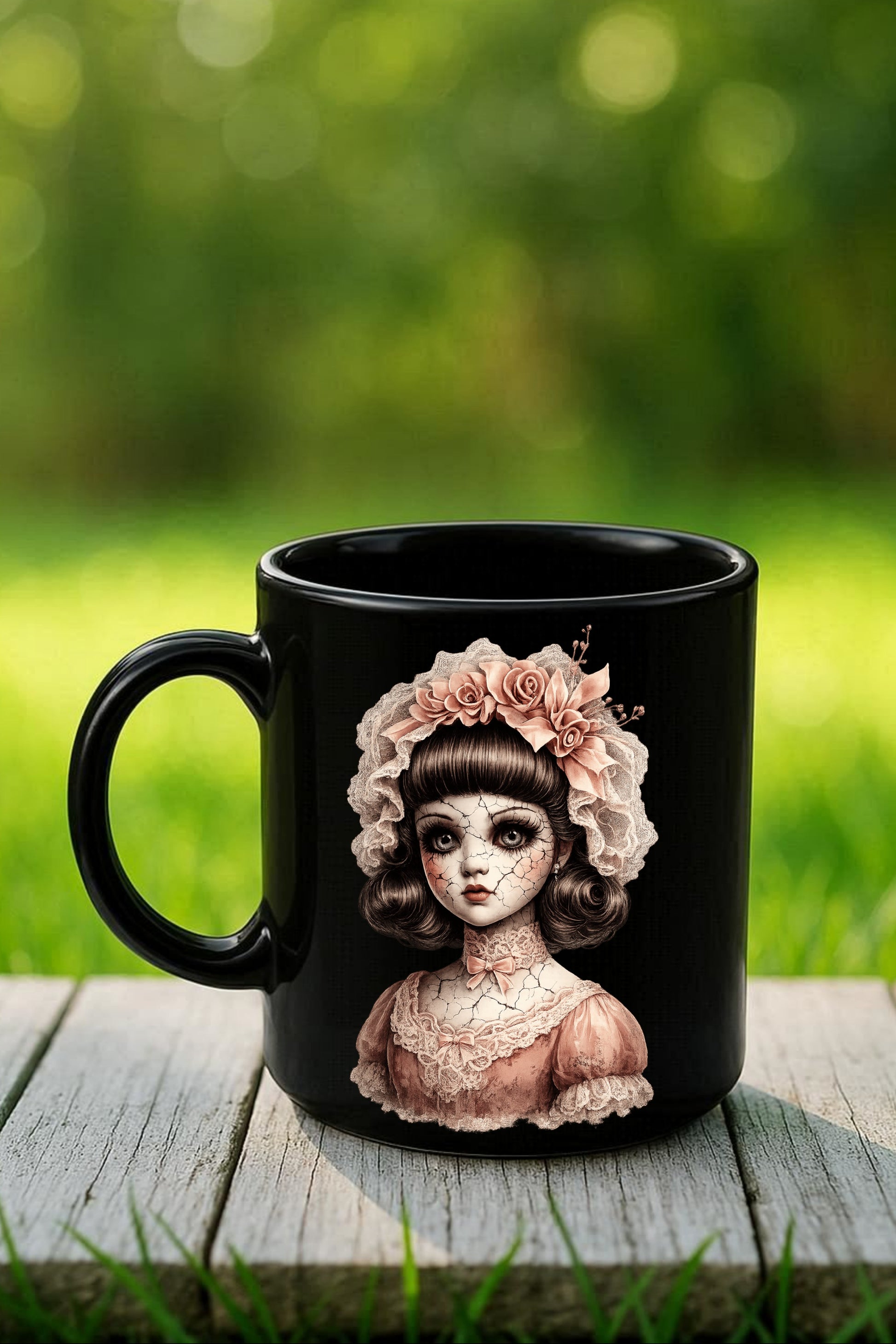 Haunted Doll Clipart – rissige Porzellanpuppe mit großer Korallen-Blütenkrone, Spitzenhaube und korallenfarbenem Kleid als PNG mit transparentem Hintergrund