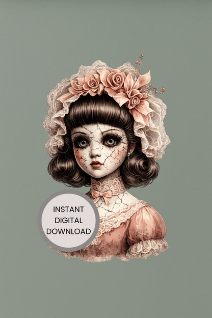 Haunted Doll Clipart – rissige Porzellanpuppe mit großer Korallen-Blütenkrone, Spitzenhaube und korallenfarbenem Kleid als PNG mit transparentem Hintergrund