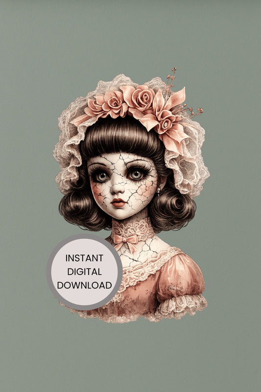 Haunted Doll Clipart – rissige Porzellanpuppe mit großer Korallen-Blütenkrone, Spitzenhaube und korallenfarbenem Kleid als PNG mit transparentem Hintergrund