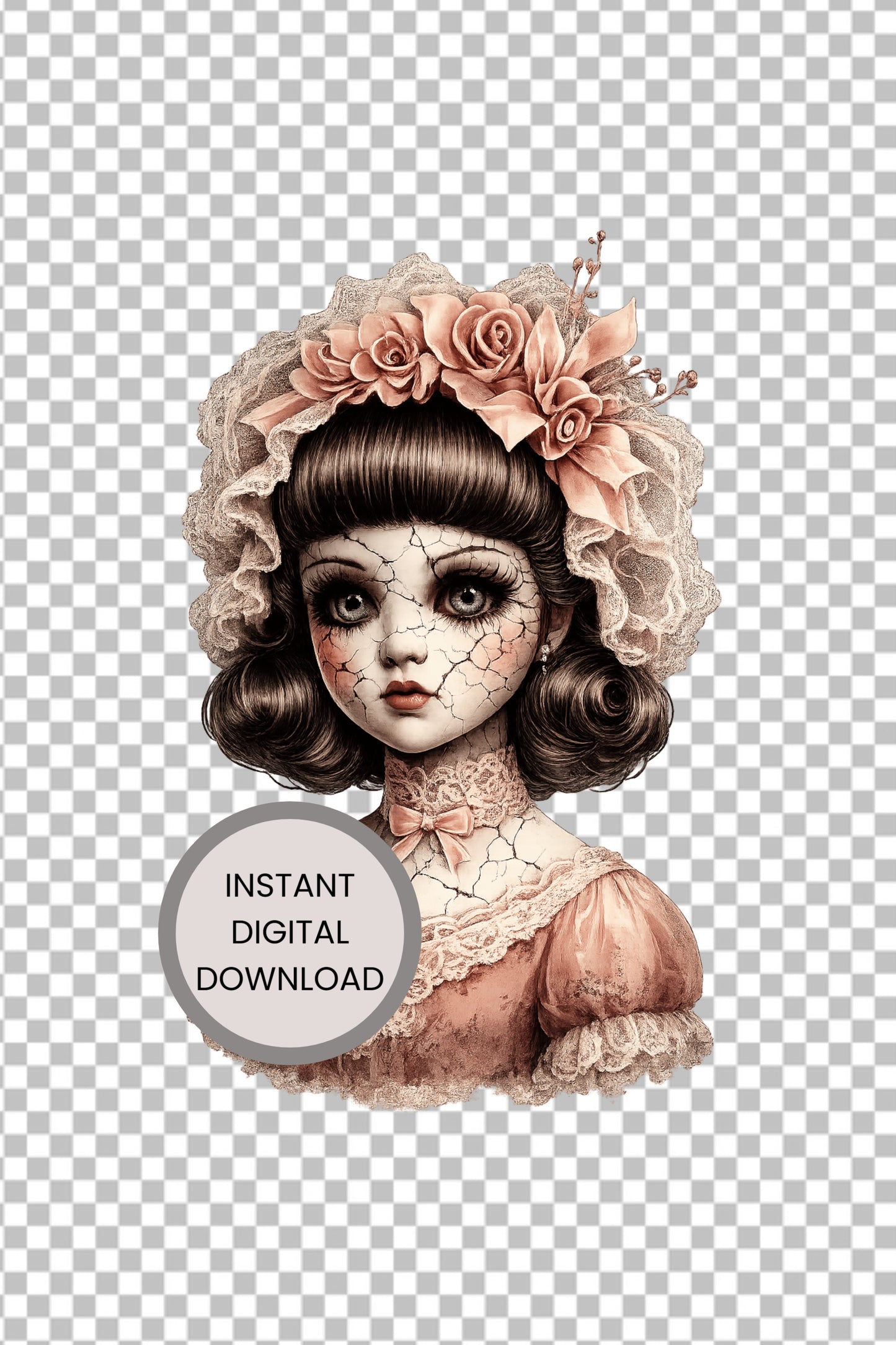 Haunted Doll Clipart – rissige Porzellanpuppe mit großer Korallen-Blütenkrone, Spitzenhaube und korallenfarbenem Kleid als PNG mit transparentem Hintergrund