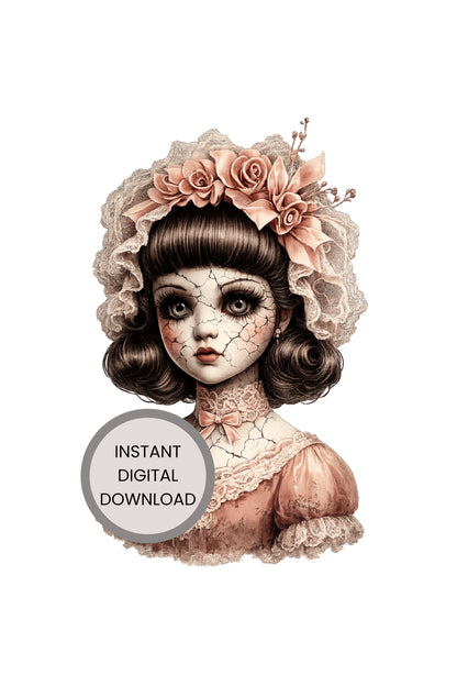 Haunted Doll Clipart – rissige Porzellanpuppe mit großer Korallen-Blütenkrone, Spitzenhaube und korallenfarbenem Kleid als PNG mit transparentem Hintergrund