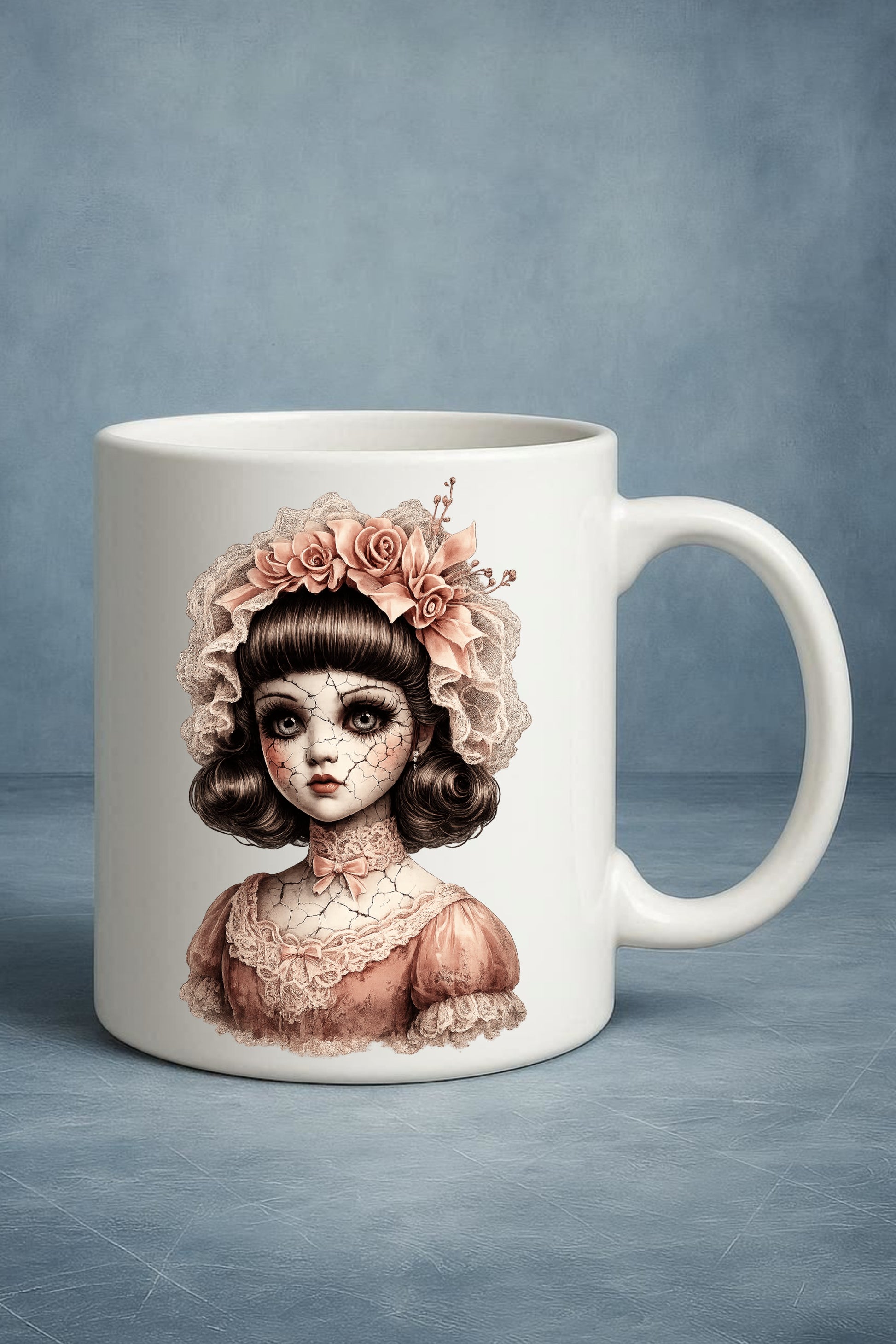 Haunted Doll Clipart – rissige Porzellanpuppe mit großer Korallen-Blütenkrone, Spitzenhaube und korallenfarbenem Kleid als PNG mit transparentem Hintergrund