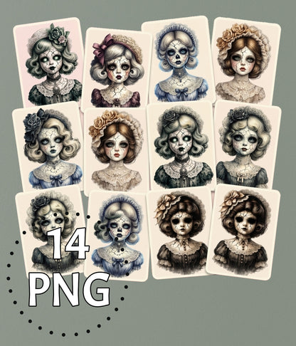 Vorschau des Haunted Dolls Clipart Sets mit 10 von 14 Vintage Porzellanpuppen-Portraits als PNG-Grafiken mit transparentem Hintergrund