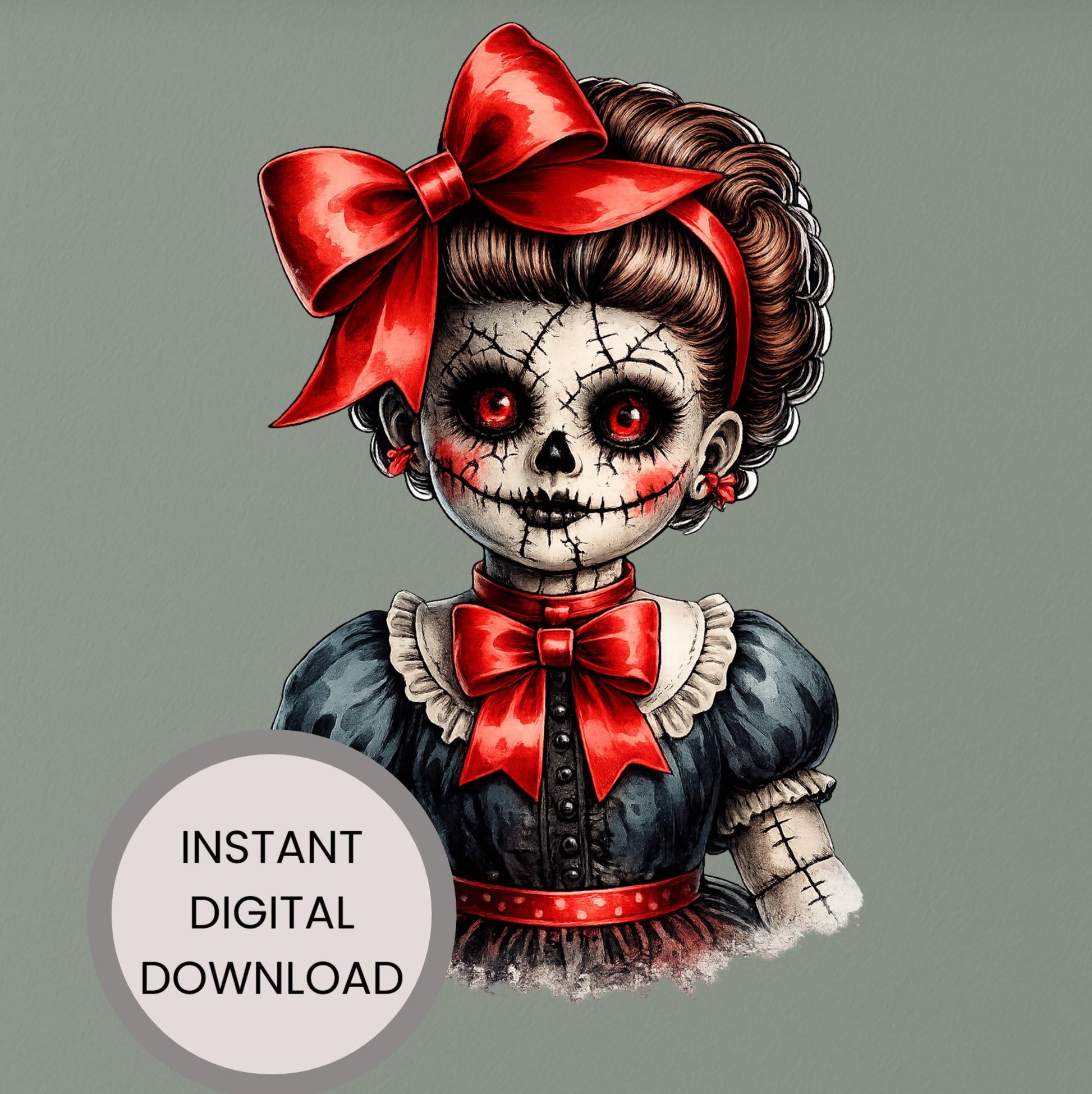 Haunted Doll Clipart – genähte Skull-Puppe mit leuchtend roten Augen, großen roten Schleifen und dunklem Kleid als PNG mit transparentem Hintergrund