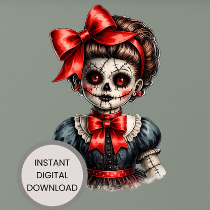 Haunted Doll Clipart – genähte Skull-Puppe mit leuchtend roten Augen, großen roten Schleifen und dunklem Kleid als PNG mit transparentem Hintergrund