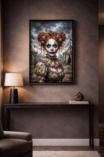 Düsteres Wandbild einer weiblichen Horrorclown-Figur mit feuerroten Haaren, Rosenkrone und verlassenem Zirkushintergrund. Vertikal.