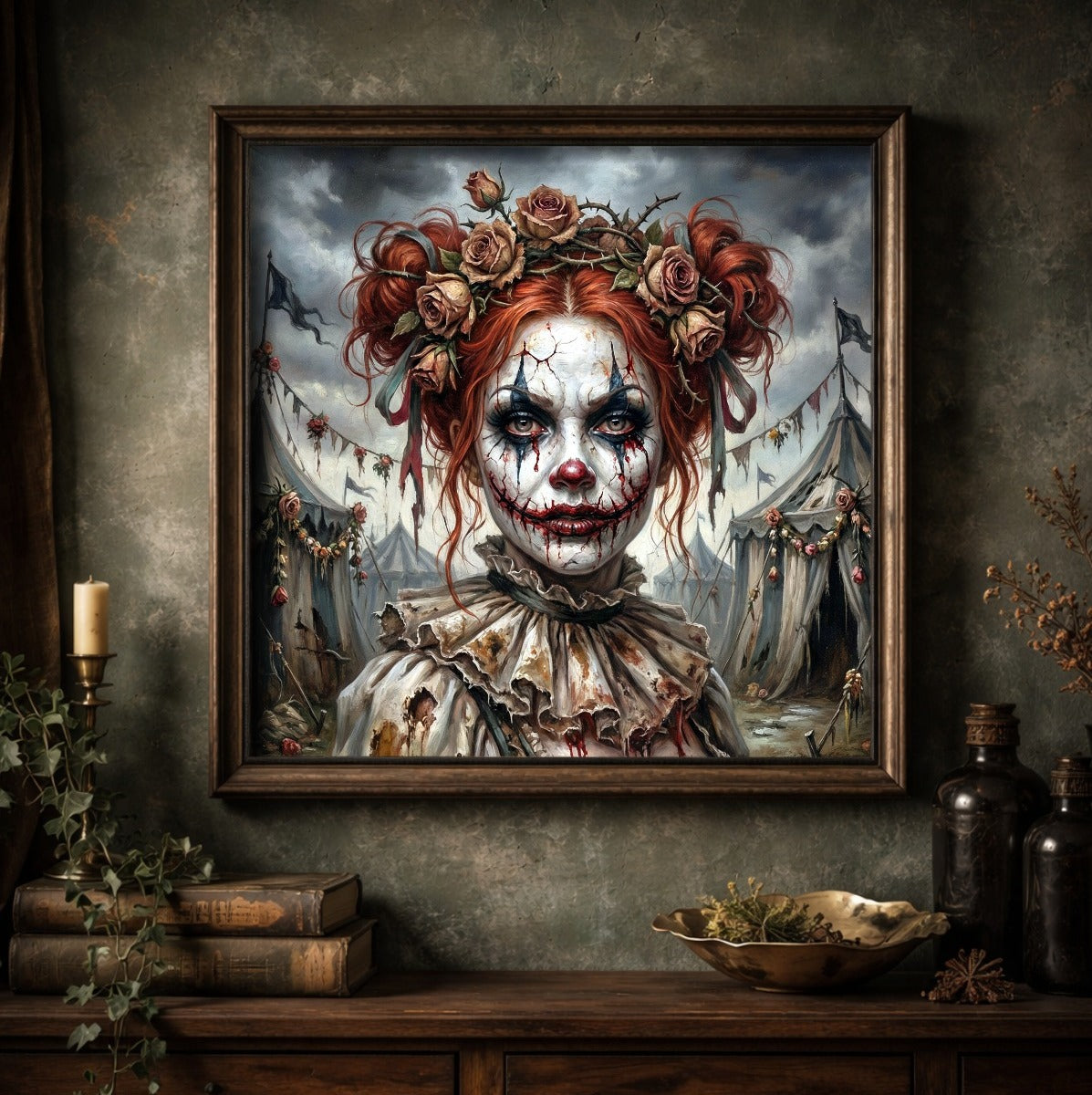 Düsteres Wandbild einer weiblichen Horrorclown-Figur mit feuerroten Haaren, Rosenkrone und verlassenem Zirkushintergrund. 1:1 Quadrat