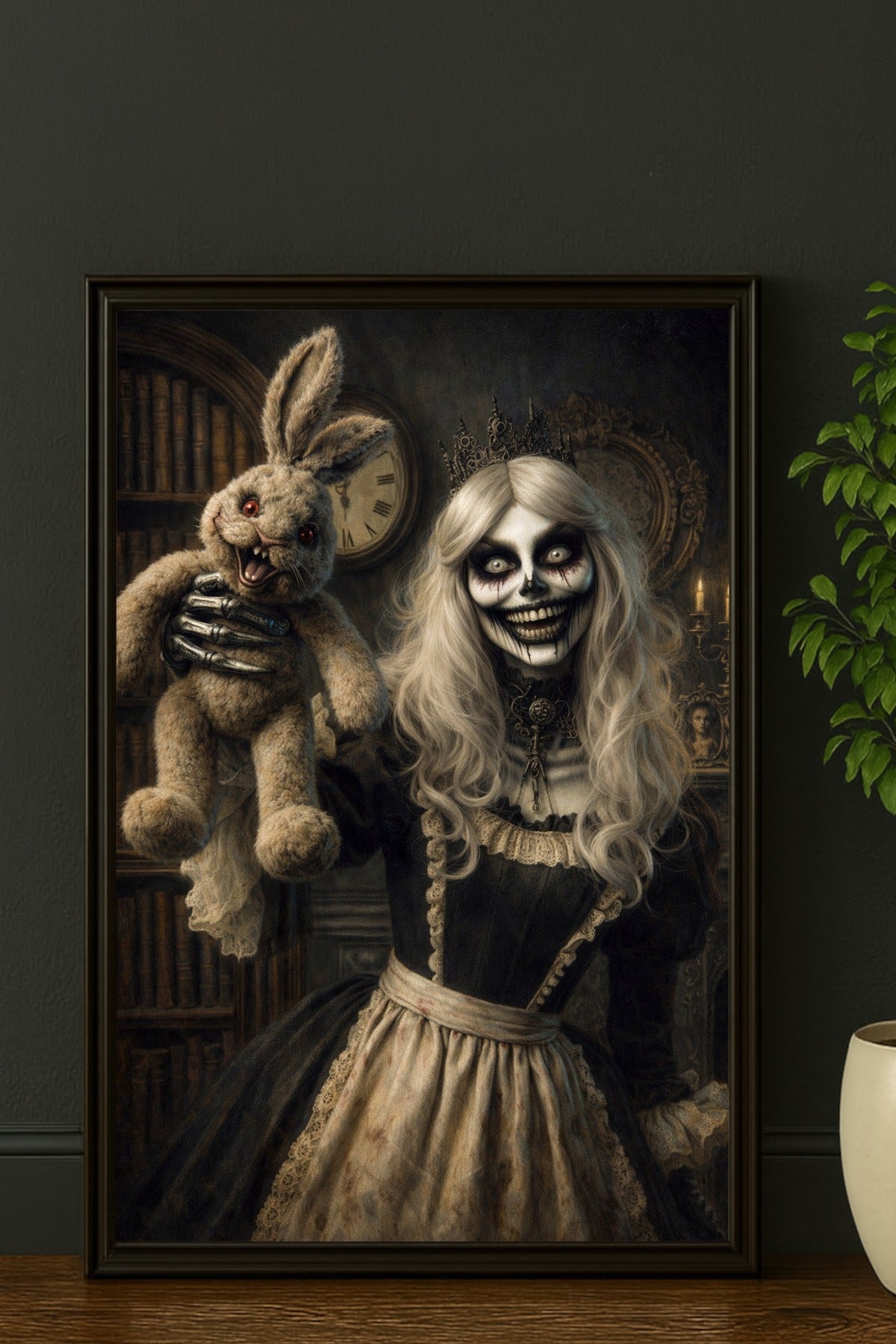 Digitales Horror-Wandbild: Eine gekrönte Skelettfrau im schwarzen viktorianischen Kleid hält eine unheimlich grinsende Hasenpuppe hoch. Düstere Bibliotheks-Szene mit Kerzenschein und antiker Uhr.